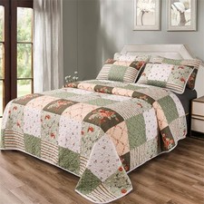 3 Pieces Green Plaid Floral Patchwork Bedding Full/Queen 90"x90" Flower-4