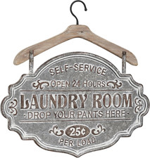 Metal Sign Home Wall Decor Laundry Room Wall Sculpture with Brown Wood Hanger, W