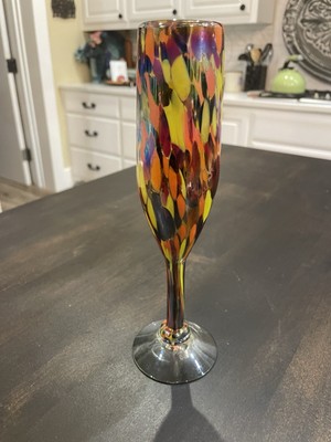 Mexico Art Glass Confetti 9  Champagne Flute Goblet Mottle Iridescent Stemware