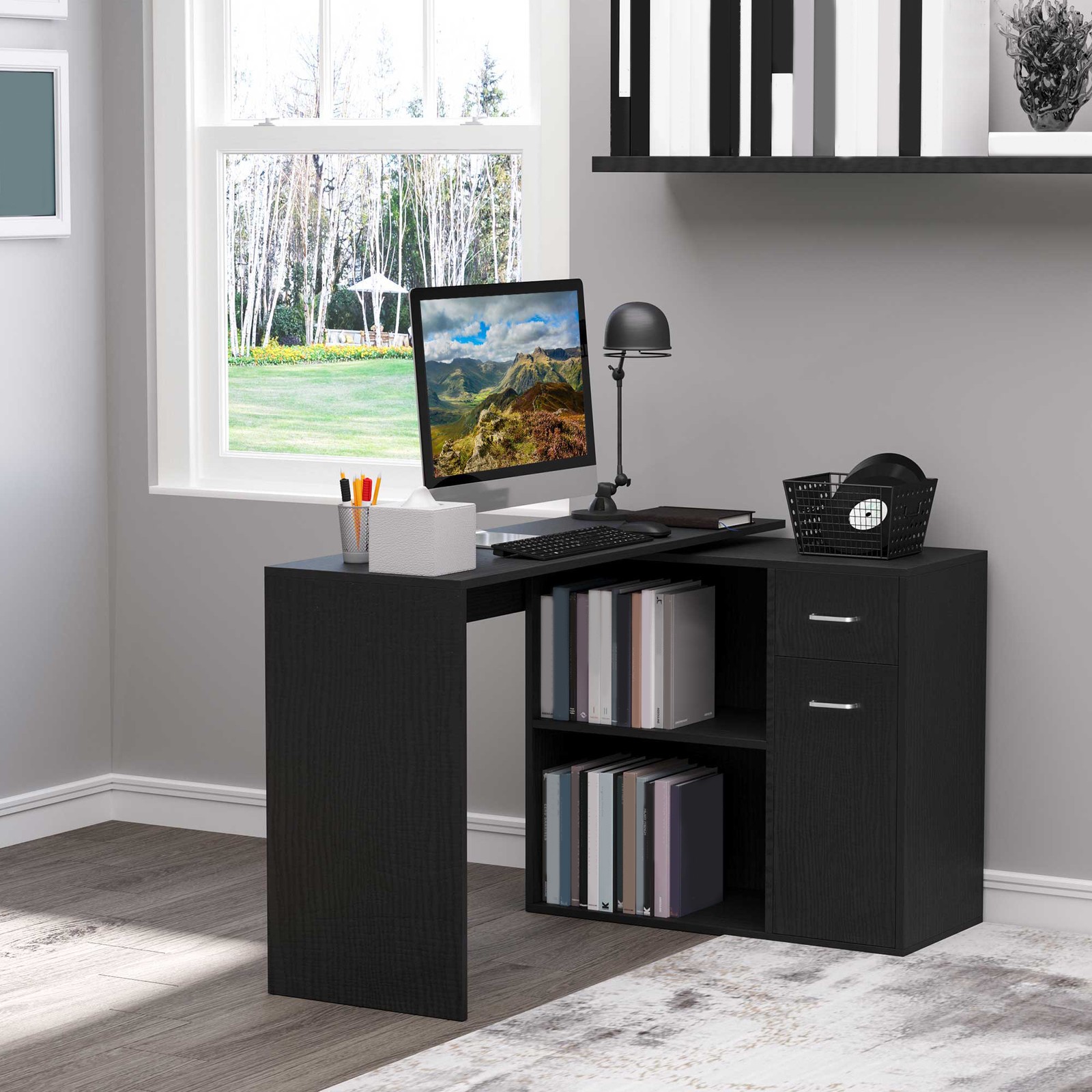 Rotating Home Office L-Shaped Corner Desk w/ Storage Drawer Computer Table Black