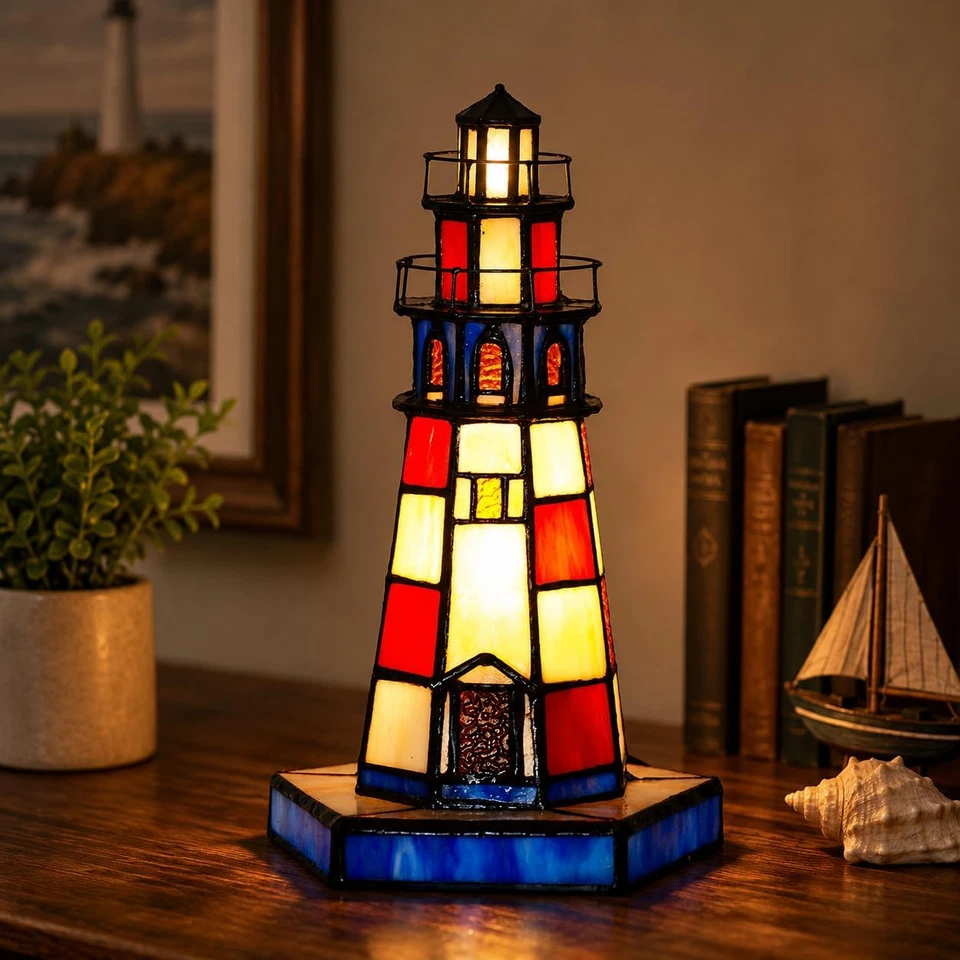 L11005 Lighthouse Tiffany Style Stained Glass Accent Table Lamp Night Light for - Image 2 of 4