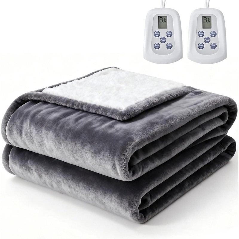 Dual Zone Electric Heated Blanket 10 Heat Settings Auto-Off Flannel Sherpa New