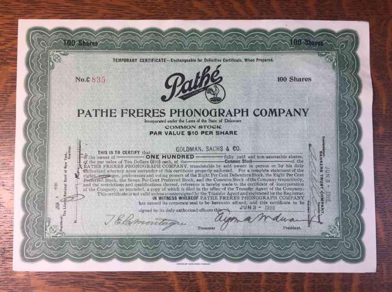 1920 Pathe Freres Phonograph Company Stock Certificate 100 Shares Goldman Sachs