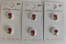 Vintage Walter Lantz "Woody Woodpecker" shank buttons. On cards. Not damaged.
