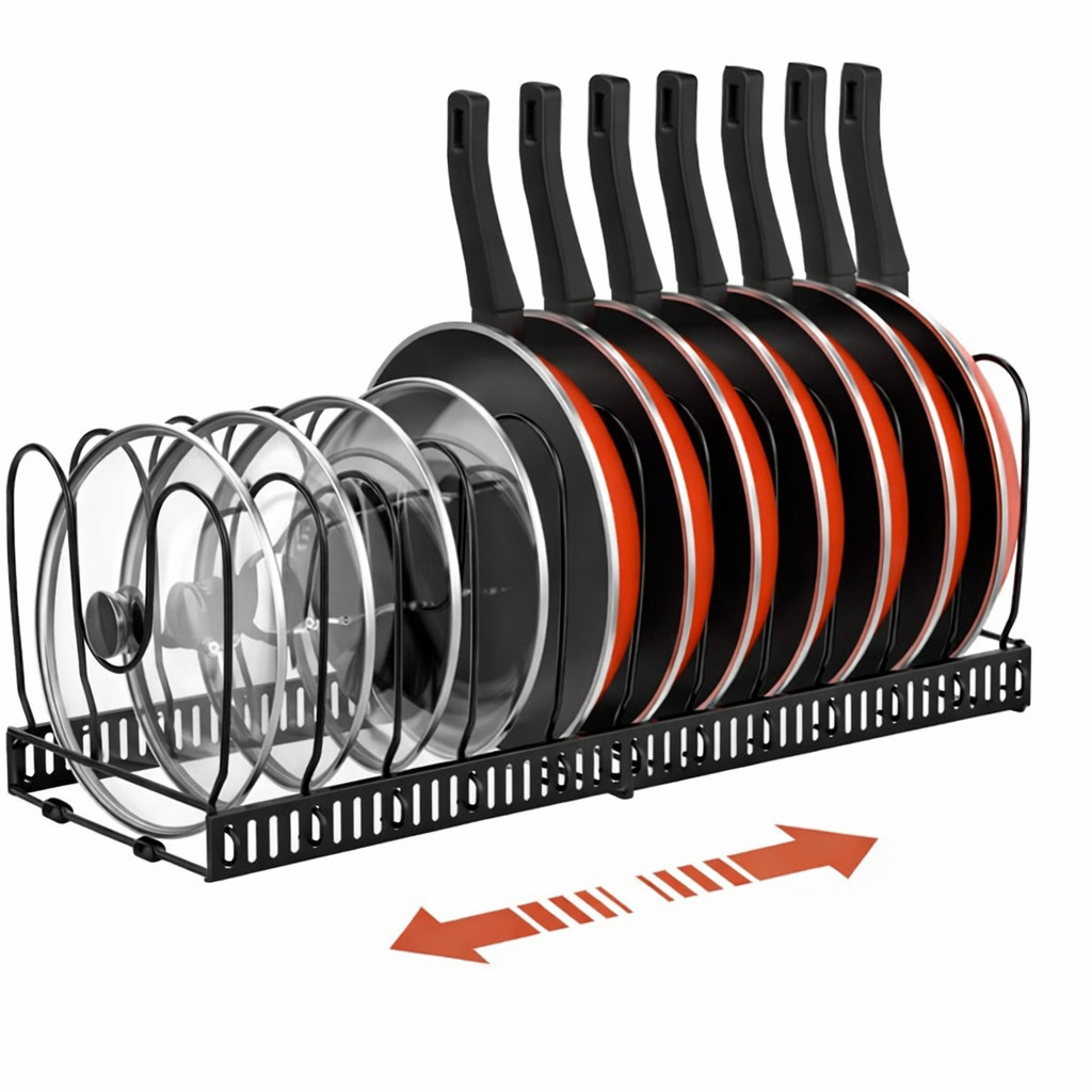 Organisateur casseroles extensible noir mat avec 10 séparateurs réglables pour cuisine