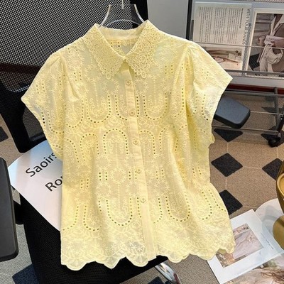 Women's Lace Embroidered Top Short Sleeve Blouse Hollow Out Shirt