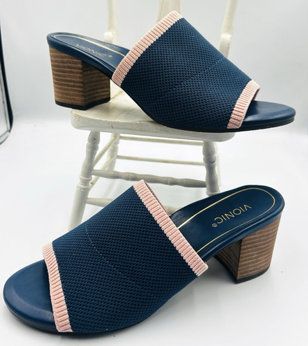 VIONIC Fleur Slide Mule Slide Block Heel Blue Pink Comfort Shoe Womens Size 10