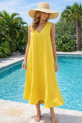 francesca bettini linen Mustard Spring Sleeveless Midi dress Made In Italy Sz S