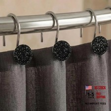 Black Bling Shower Curtain Hooks - Christmas Bathroom Rings - Round Black