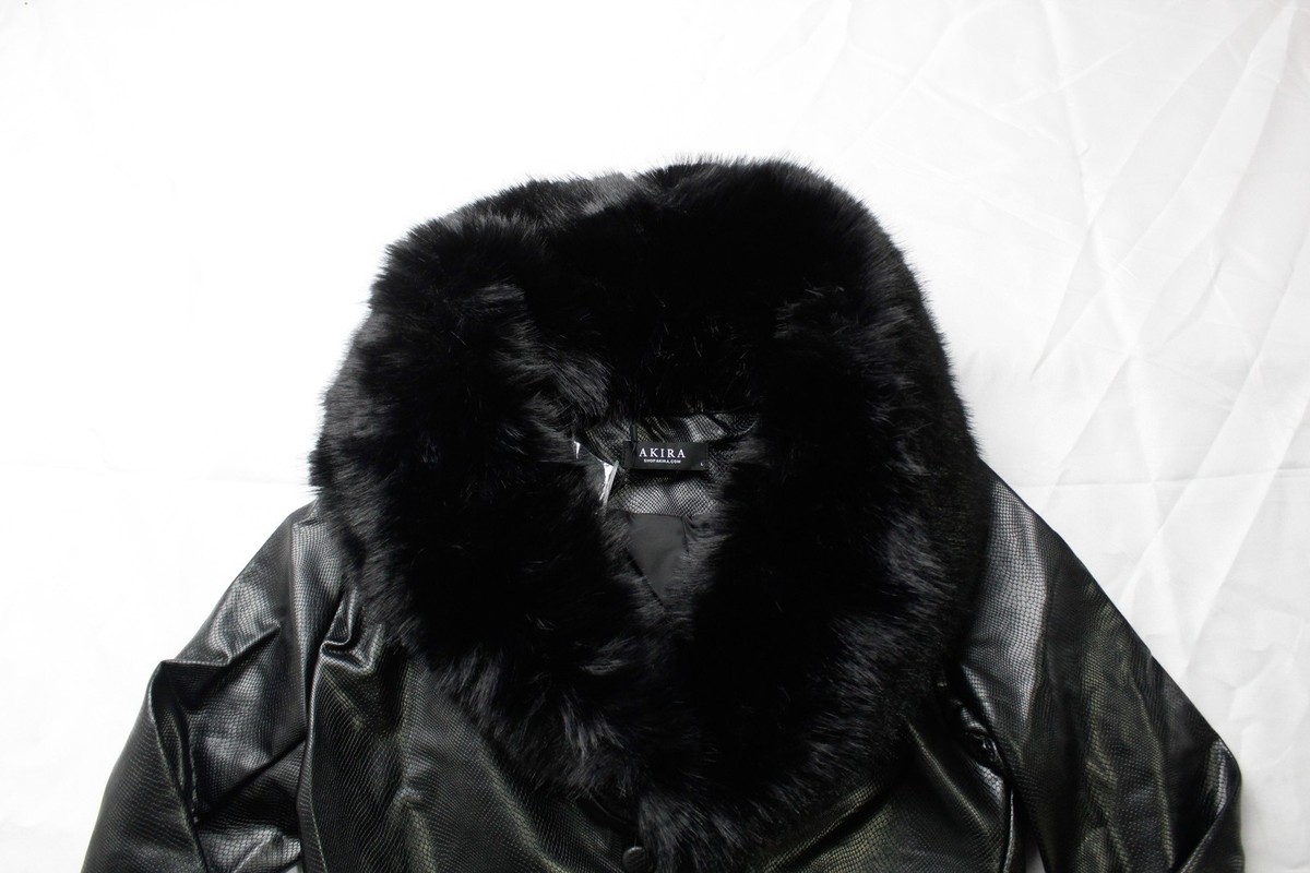 Akira Women's Gisele Fur Collar Cropped Moto Croc Blazer MS7 Black