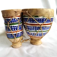 Vintage Moroccan Small Bongo Drums CERAMIC Base Hand Painted Goatskin Blue Green