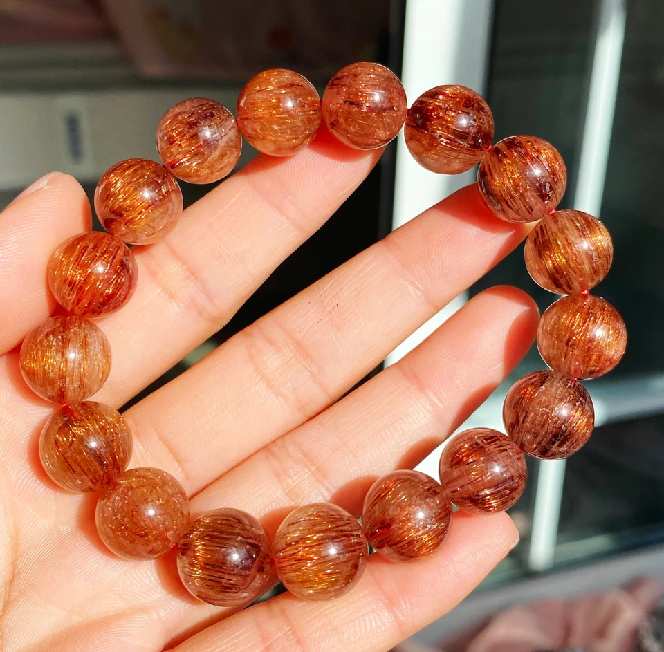 11.7-12.5mm Natural Copper Rutilated Quartz Crystal Stretch Beads Bracelet 18 - Image 2 of 4