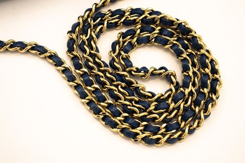 L05 CHANEL Authentic Black Blue Wallet On Chain WOC Shoulder Bag Crossbody Gold - Picture 14 of 21