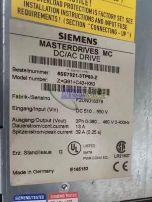 ONE USED Siemens Main Drive 6SE7021-3TP50-Z Z=G91+C43+K80