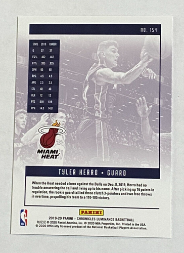 2019-20 Panini Chronicles Luminance #154 Rookie Tyler Herro Miami Heat - Picture 2 of 2