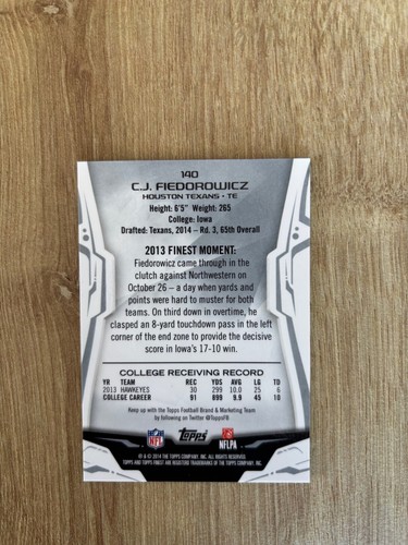 2014 Topps Finest Blue Refractor 64/99 CJ Fiedorowicz #140 Rookie RC Texans - Picture 2 of 2