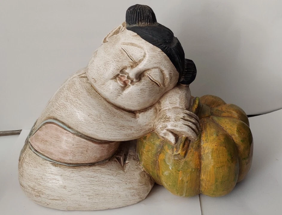 VTG  ORIENTAL BOY & GIRL SLEEPING/PUMPKIN HAND CARVED 13" X 10" x 6"  SOLID WOOD - Image 3 of 4