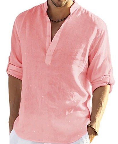 Mens Cotton Linen Long Sleeve Shirt Solid Loose Blouse Button Down Tops T Shirt - Picture 25 of 26
