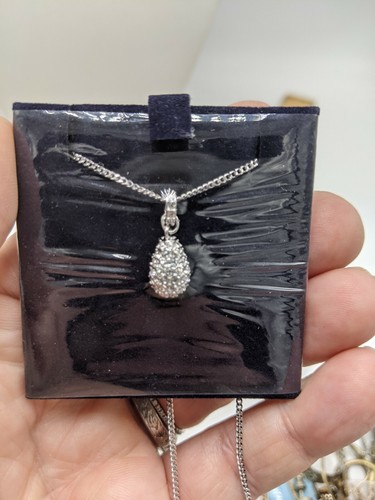 Swarovski Swan Logo Silver Clear Pave Rhinestones Drop Pendant Necklace NEW - Picture 5 of 6