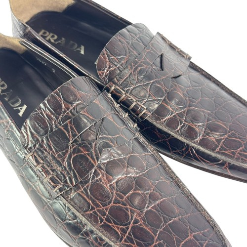 Mocassini uomo PRADA marrone scuro in pelle di vitello goffrata Croc Made in Italy 9UK - 10US - Foto 4 di 13