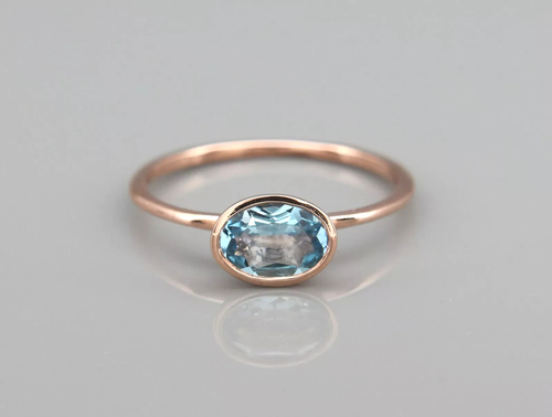 Natural Aquamarine 6x4mm Oval gemstone women Dainty Promise Ring 14k Rose Gold