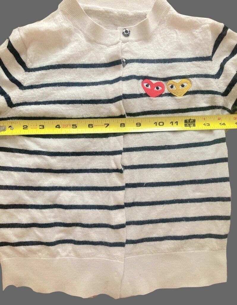 COMME DES GARCONS PLAY CARDIGAN NAVY WHITE STRIPE YELLOW RED COMME DES GARCONS PLAY CARDIGAN NAVY WHITE STRIPE YELLOW RED