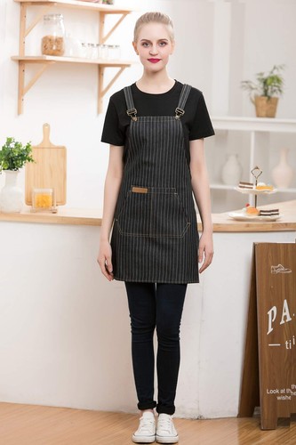 Denim Cross-Back Chef Bib Apron with Pockets for Men and Women Black Stripe - Picture 6 of 8