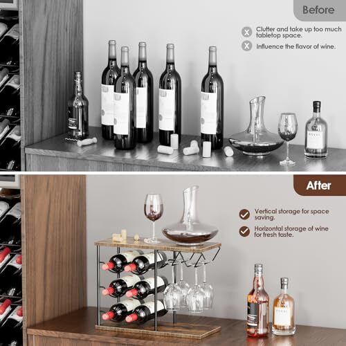Wine Racks Countertop, Wine Bottle Holder for 6 Bottles & 4 Glasses Wooden - Picture 3 of 7