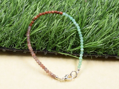 Chrysoprase+Goldstone+Peach Moonstone 3mm Faceted Beaded Gemstone Bracelet 7" - Picture 4 of 7