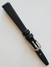 10mm - Black Genuine Leather Watch Band - ( Silver Buckle / Pins Included )