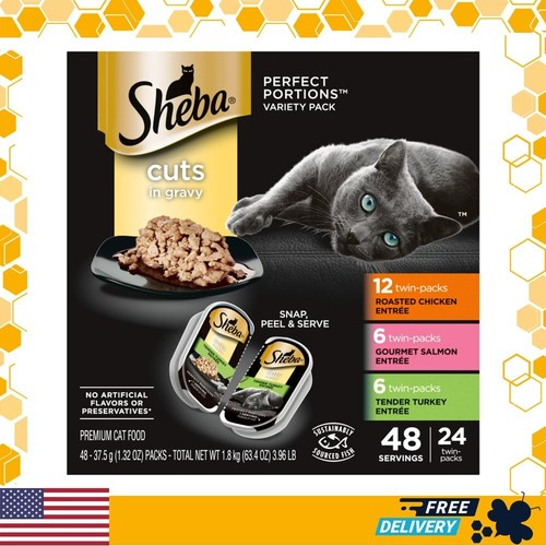 Sheba Wet Cat Food Cuts in Gravy Roasted Chicken Salmon Turkey Entree, 24 pack