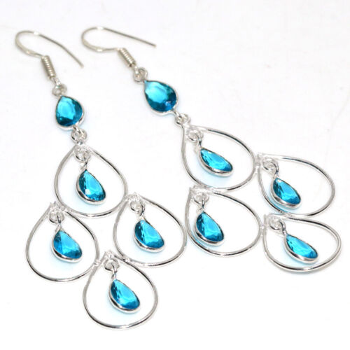 Blue Topaz Faceted 925 Silver Plated Long Earrings 3.3" Well Made Gift MJ