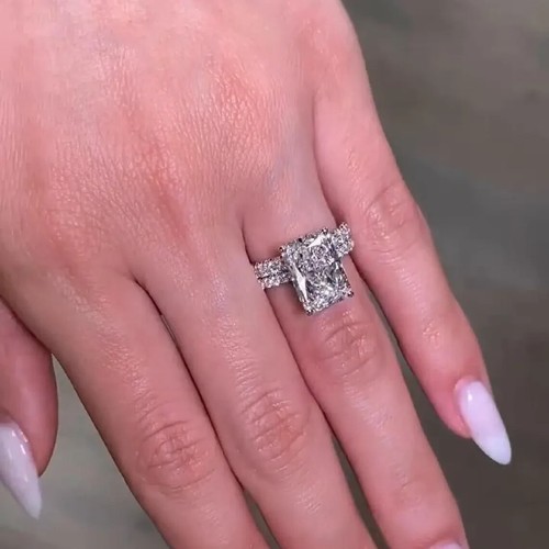 4TCW Radiant Cut Moissanite Bridal Set Engagement Ring In 14K White Gold Plated - Picture 7 of 11