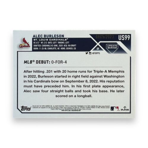 Tarjeta dorada de los Cardenales de San Luis debut radiocontrol serie actualización Topps 2023 de Alec Burleson - Imagen 2 de 2