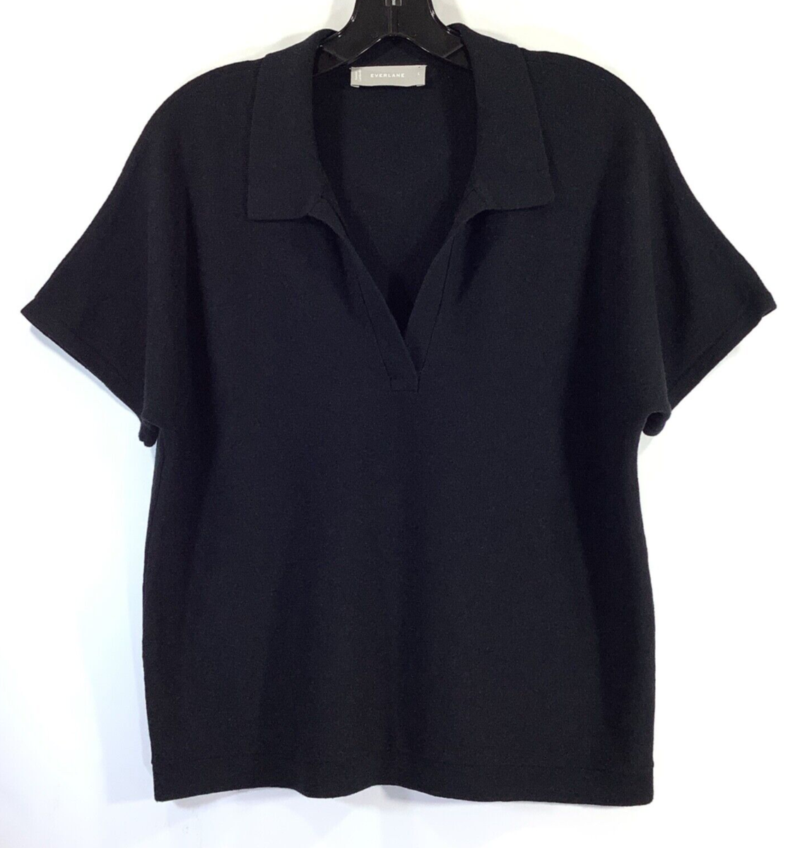 EVERLANE Size L The Cotton-Merino Short-Sleeve Polo Sweater Top BLACK