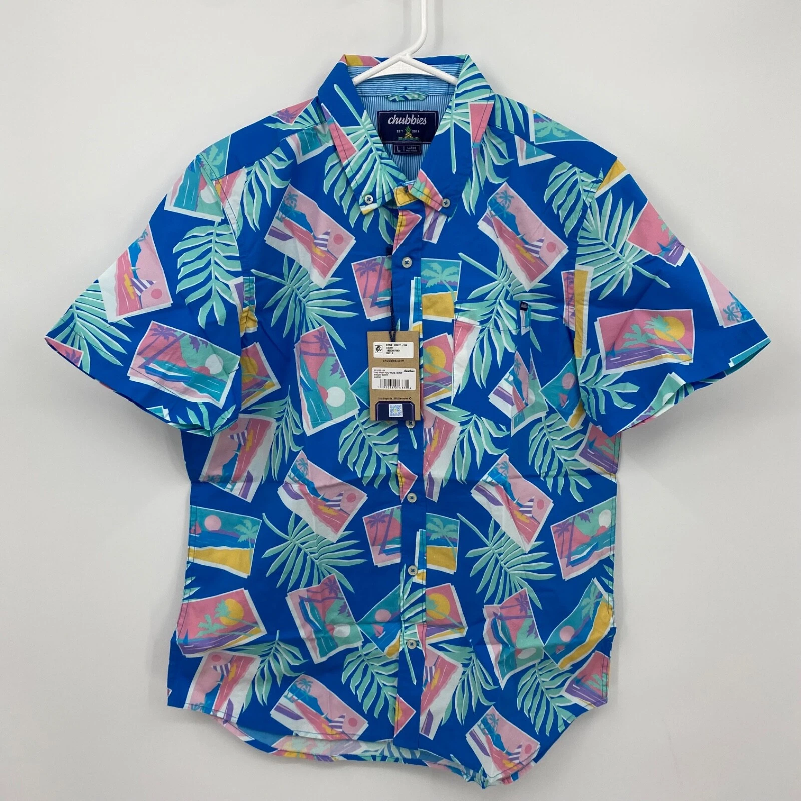 Chubbies Shirt Button Up Short Sleeve Pocket Lightweight Floral Blue Size L Mens