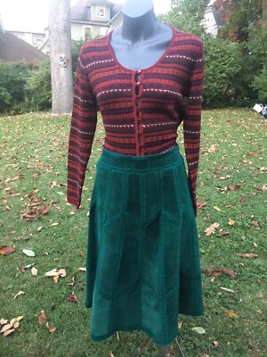 Vintage Patchwork Suede Skirt Aline Green Small Crocheted patchwork