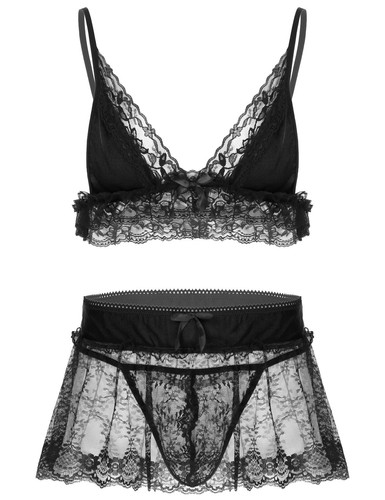 Männer Sissy Spitze Lingerie Set BH mit Mini Rock und String Slip Reizwäsche - Bild 8 von 72