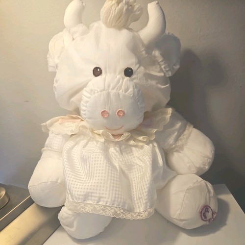 Vintage 80s Fisher Price PUFFALUMPS WHITE  Pink COW Nylon 15" Plush Toy 1986