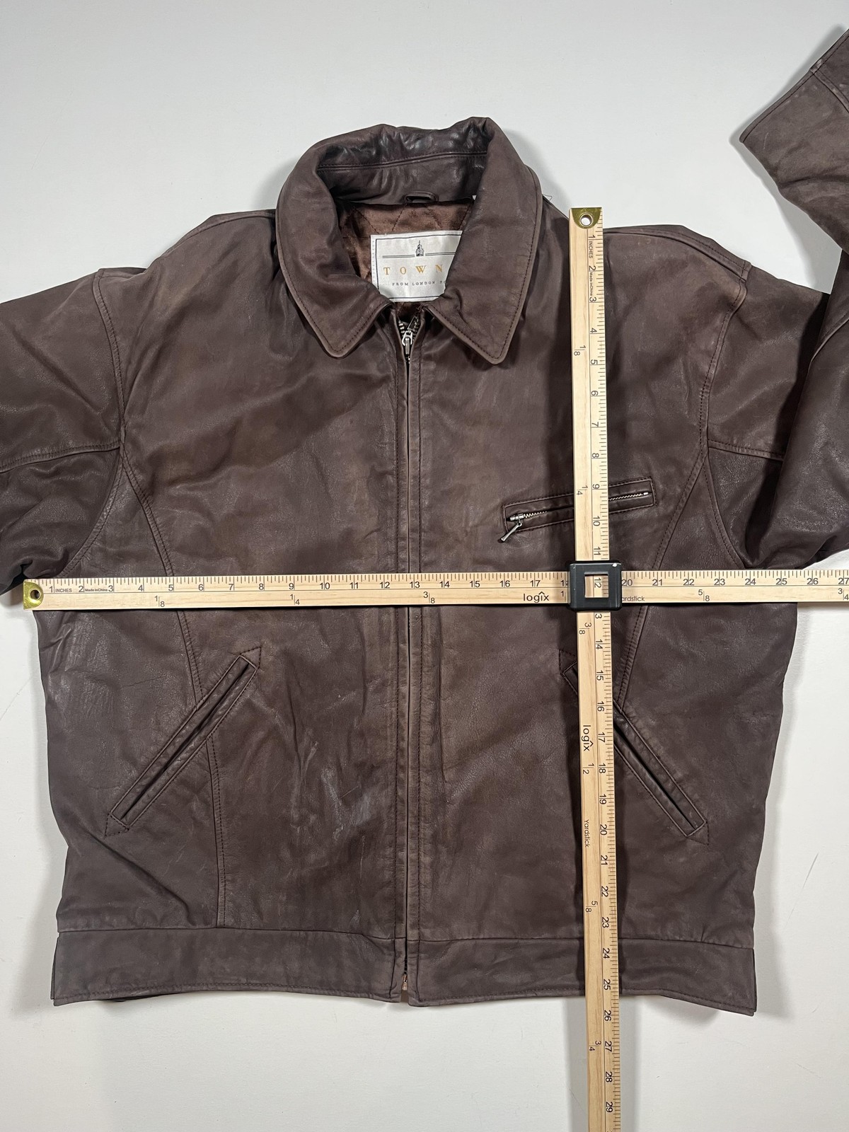 Towne London Fog Jacket Mens Large Brown Leather Bomber Zip Front Quilted Lined