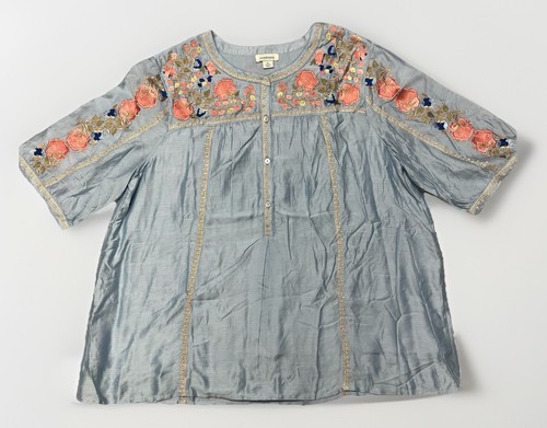 Sundance Katalog blau Gisela bestickt Top Bluse Seidenmischung XL