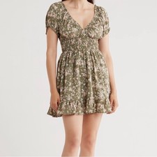 Lush Puff Sleeve Smocked Olive Floral Mini Dress. NWT. Size Medium