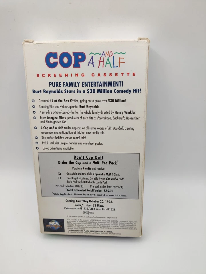 Cop And A Half Promotional Screener VHS New Sealed MCA Watermarks Rare! - Image 2 of 2