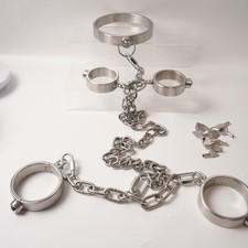 Stainless Steel Push Lock Neck Collar Handcuffs Ankle Cuffs Set Bondage Heavy SM