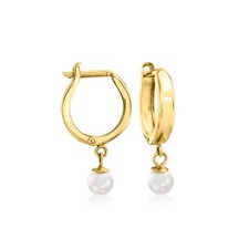 4-4.5mm Cultured Pearl Huggie Hoop Earrings in 14kt Yellow Gold. 3/4 inches