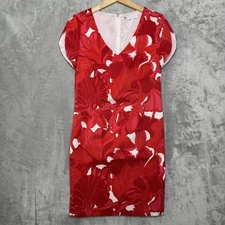 Trina Turk Dress Womens 8 Red Floral Sheath V-Neck Cap Sleeve Lined Made USA