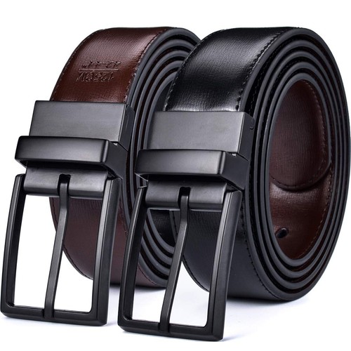 Men's Dress Belt Leather Reversible 1.25" Wide Rotated Buckle Gift Box(Black/...