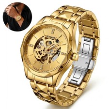 Automatic Mechanical Wristwatch Men's Skeleton Stainless Steel Gold Dress Watch