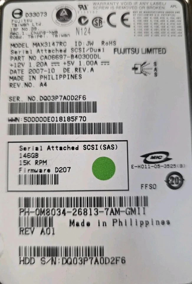 Fujitsu MAX3147RC CA06697-B400300DL 146GB 15K RPM 8MB 3.5" SAS Int HDD W/Caddy - Image 2 of 4