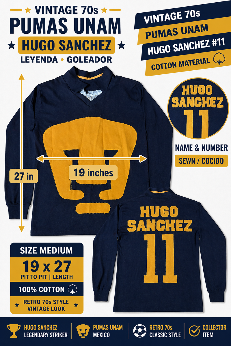 Retro Pumas UNAM Hugo Sanchez #11 Jersey 70s Home Cotton Medium